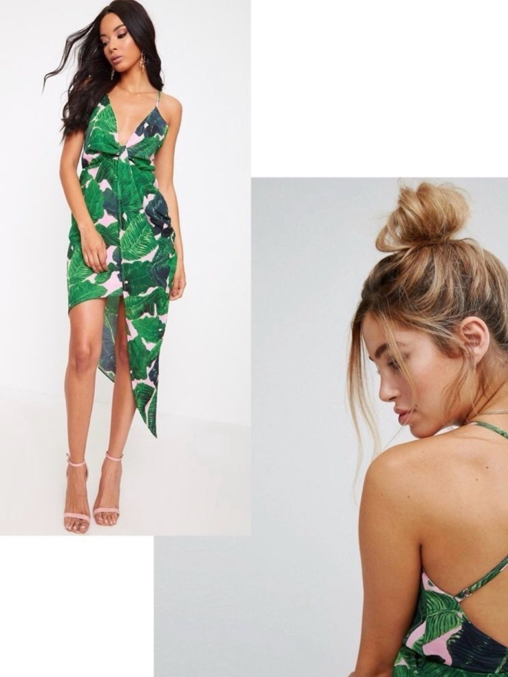 PrettyLittleThing Green Tropical Leaf Asymmetrical Midi Dress NWT